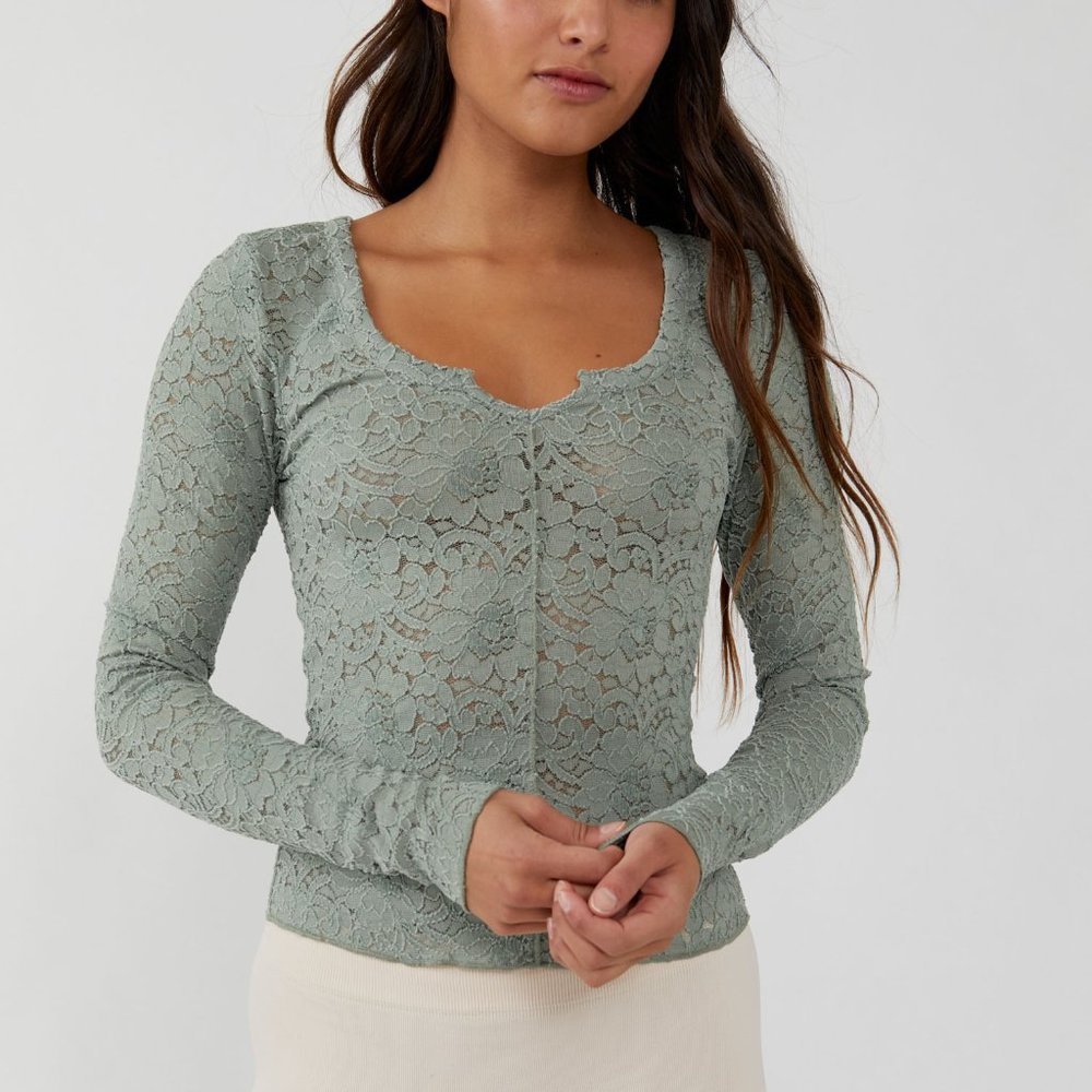 NWT Free People Cloud Ride Notch Long Sleeve / Sea Grass